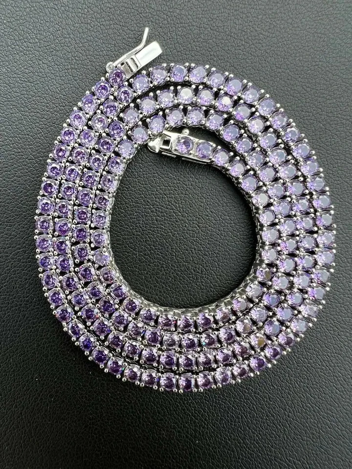 45.7cm Uomo 925 Argento Sterling Collana 4 MM Rotondo Ametista Zircone Cubico - Immagine 3 di 4