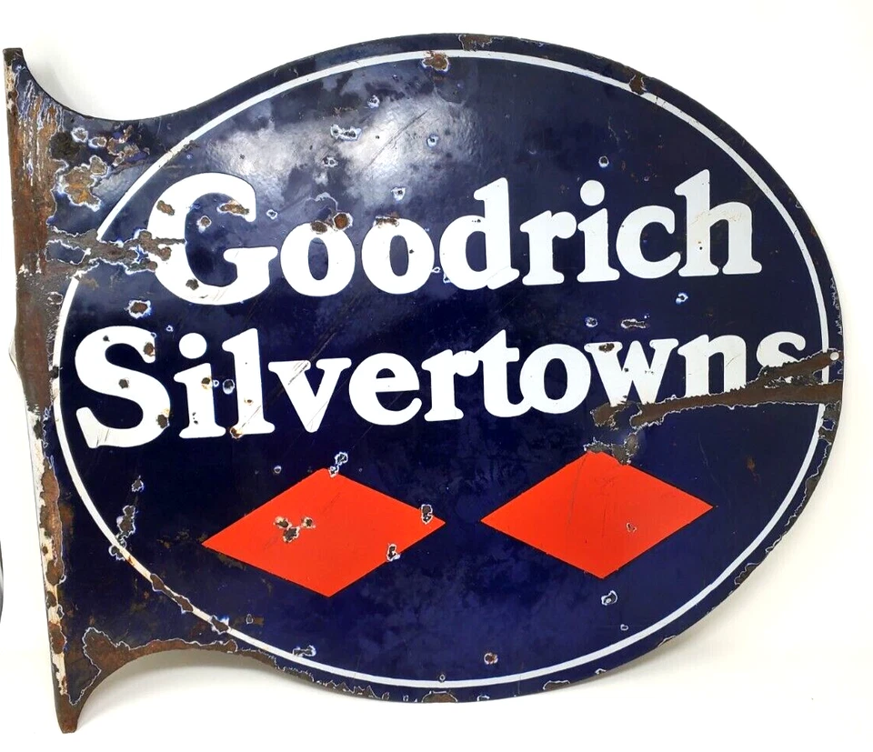 Vintage Goodrich Silvertowns Flange Sign Double Sided Blue Porcelain  Diamonds - Image 4 of 4