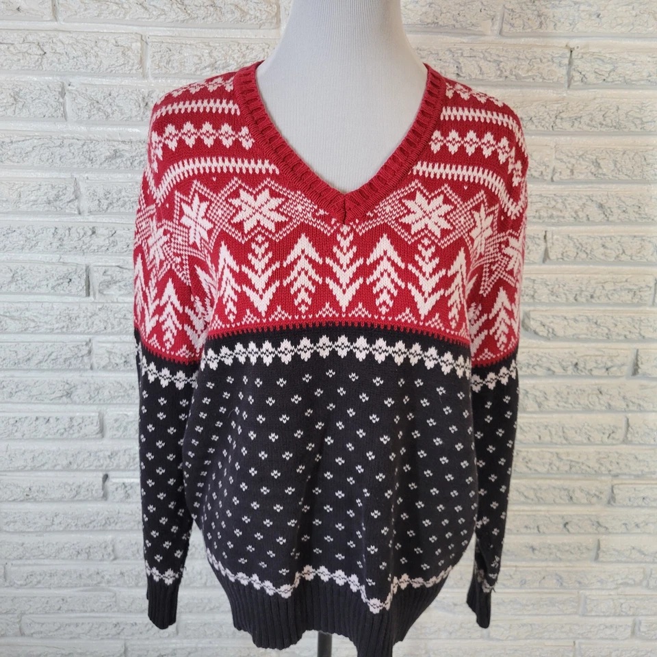 Suéter para mujer Covington 16W 18W Plus manga larga algodón rojo negro Fair Isle Foto 3 de 4
