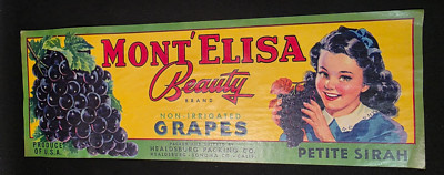 Vintage 1940's MONT ELISA BEAUTY Zinfandel GRAPES - LABEL - Roseville CA.