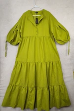 Boohoo Women Dress 12 Green Polyester 3/4 Balloon Sleeve Fit Flare Tiered Maxi