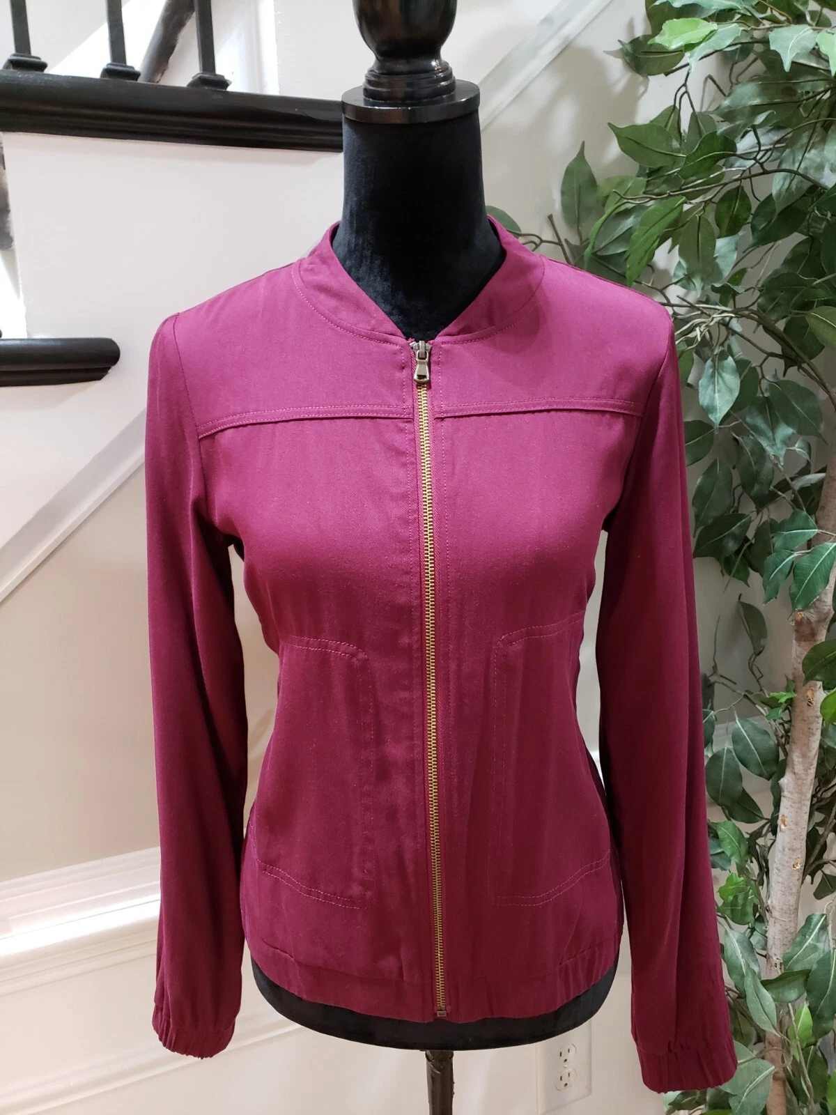 Merona Womens Red Solid Lyocell Long Sleeve Casual Full Zipper Jacket Size Small