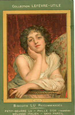 Oblaten scrap  chromo Litho Werbekarte  Lefevre-Lu  Jugendstil  Dame  1899 14 cm