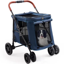 Upgraded 4 Wheels Pet Stroller for Small/Medium Dogs- One Button Fold, Adjustabl