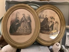 Vtg La Mode Illustree Framed Picture Print Ladies Paris Pair Oval Shabby Frames