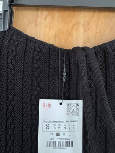 Zara Ruffled Pointelle Knit Mini Tie Neck Dress Black Size Small NWT - Picture 6 of 6