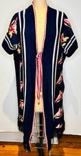 VTG 70'S HIPPY BOHO NAVY BLUE RED SOUTHWEST KNIT BIRD PONCHO SWEATER CAPE S/M