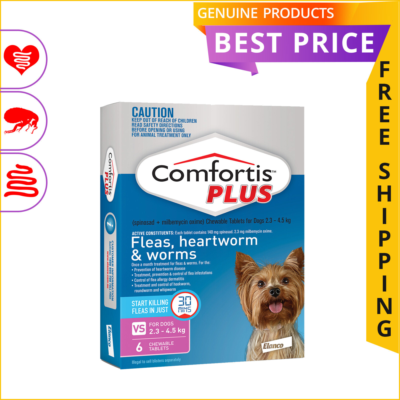 COMFORTIS PLUS 6 Doses for Dogs Flea Heartworm Worm Prevention All