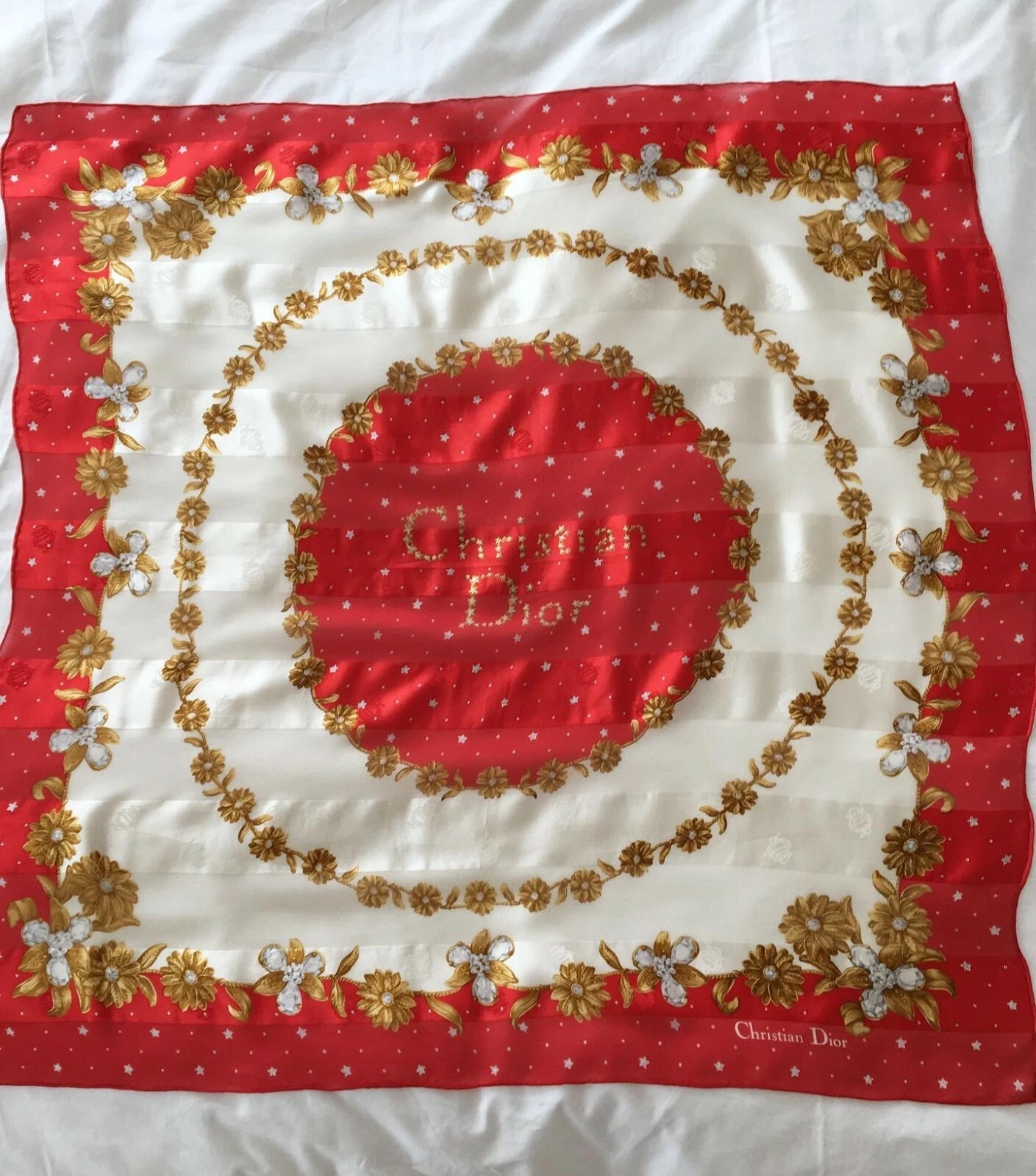 Écharpe soie pure rouge Christian DIOR vintage 33 pouces