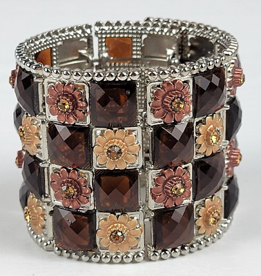Silver-Tone Rhinestone Square Tiles Flower Charm Wide Cuff Bracelet Expandable