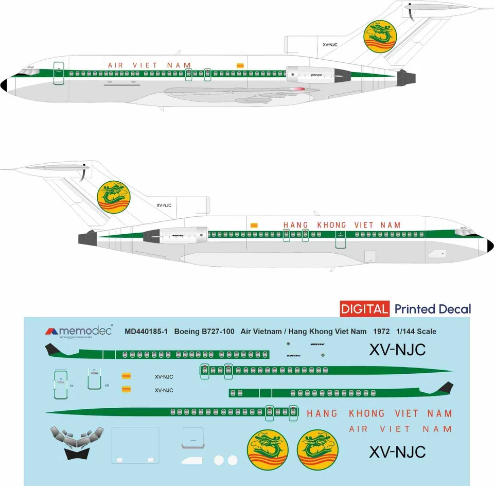 MEMODEC Boeing B727-100 Air Vietnam / Hang Khong Viet Nam (1972) (1/144, 1/200)