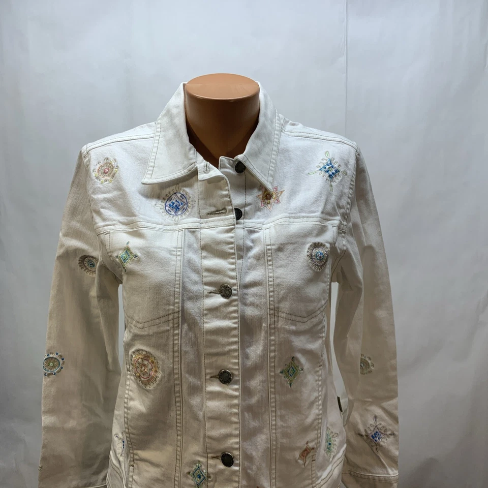 Vintage Blassport womens medium white button denim jacket embroidered beads - Image 2 of 4