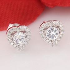 1.75CT Round Cubic Zirconia Halo Heart Shape Stud Earrings in Silver Push Back