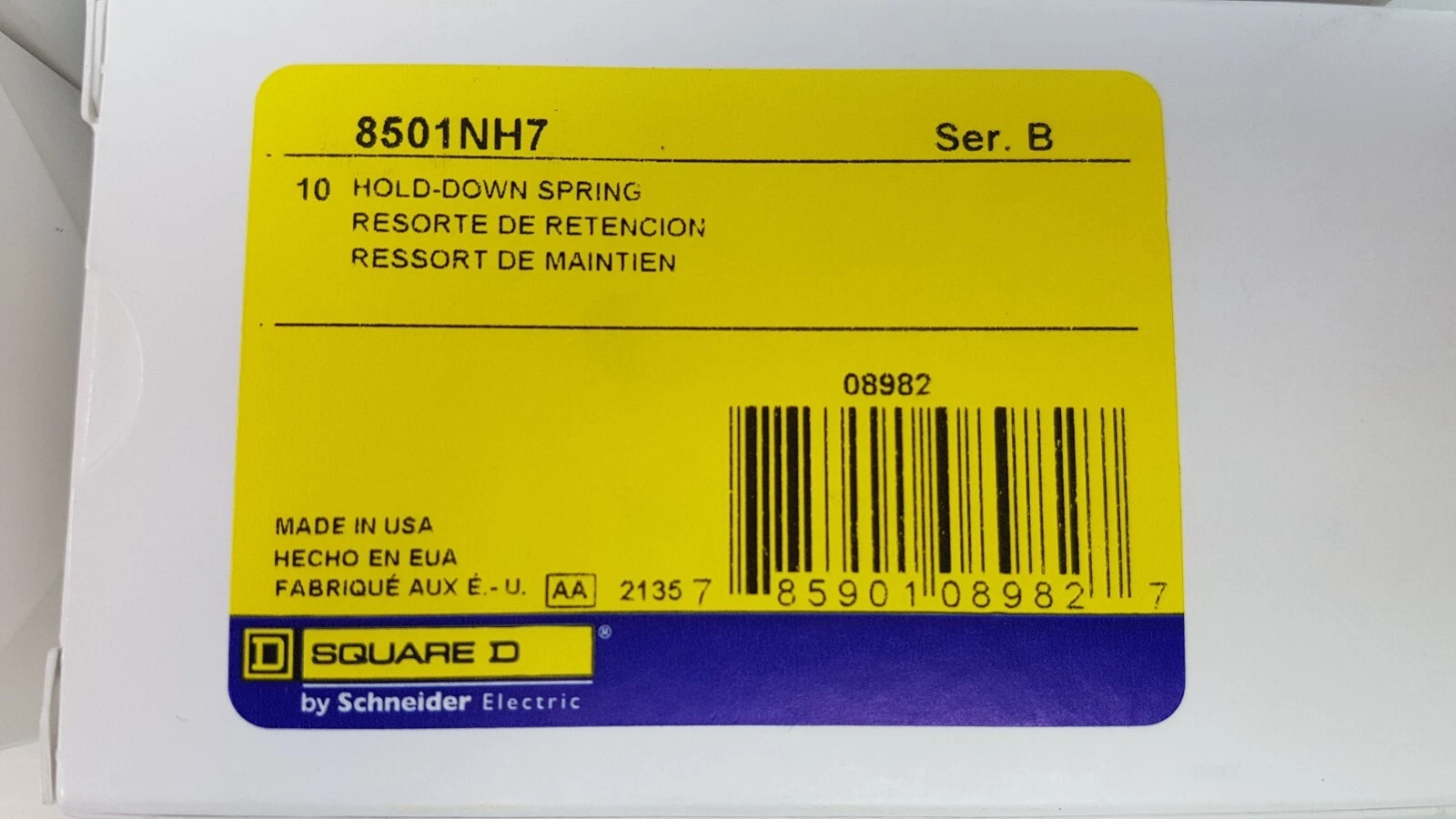 Square D box label: 8501NH7 Ser. B, 10 Hold-Down Spring, Made in USA, UPC 785901089827