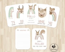 Baby Girl Milestone cards, Photo props, 40 cards, Rainbow, Animals, 300gsm