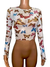 Sexy Bright Butterfly Grunge Raver Butterflies Sheer stretchy Mesh Top New BOHO