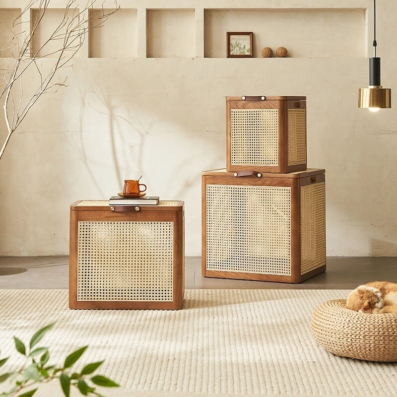 Solid wood rattan storage box Storage stool wabi Sabi wind furniture storage box - Image 2 of 4