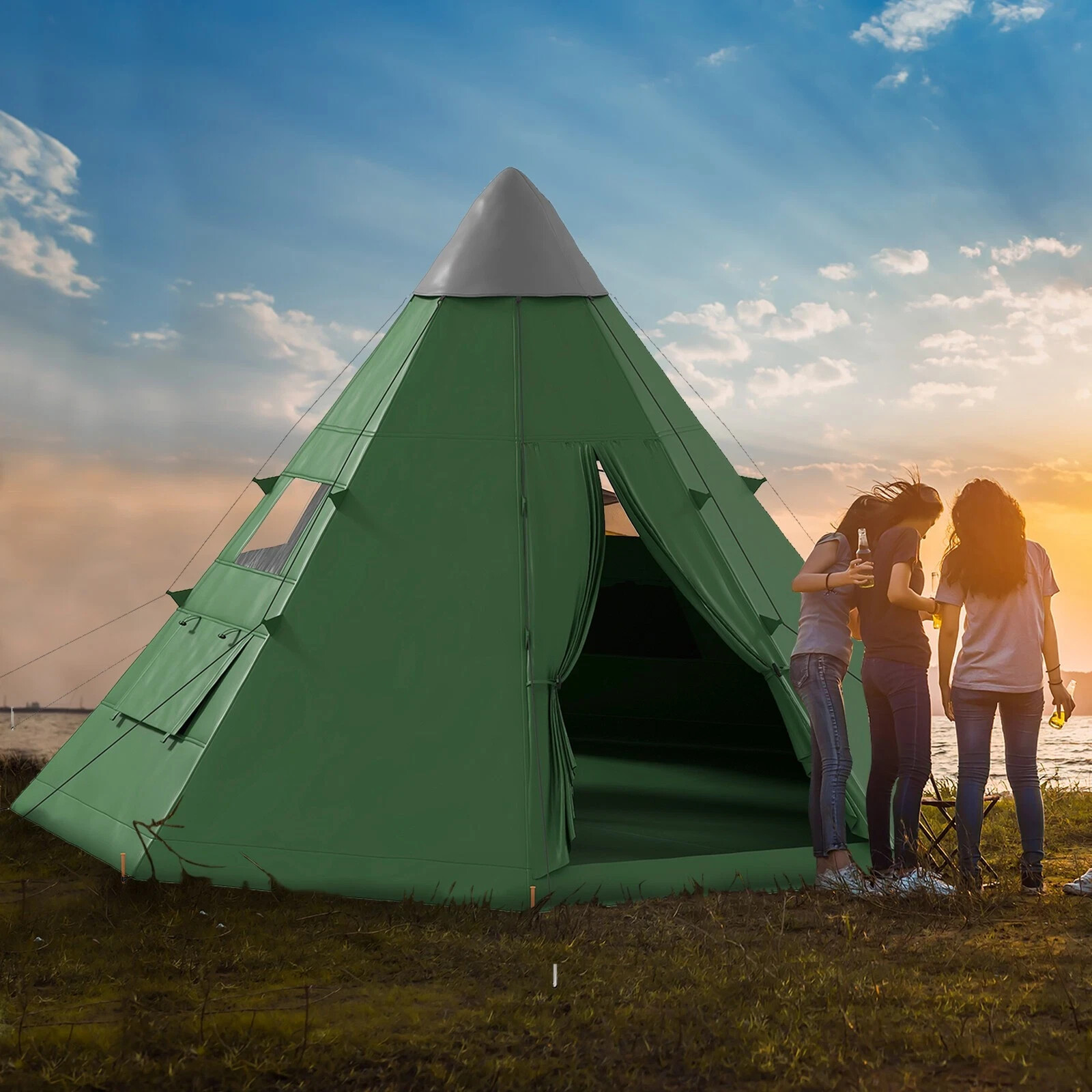 Outsunny 6-7 Person Large Family Party Camping Tent W/ Carrying Bag, Green - Image 2