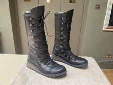 Fly Unusual Lace Up Black Leather Calf length Corset Boots Steampunk Goth 5 UK 