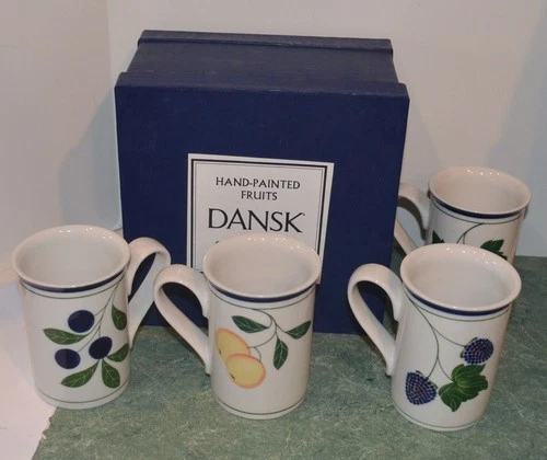 4 Dansk Hand-Painted 4 1/2" Mugs Berries & Fruit Design new in box