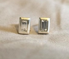 Sterling Silver Studs Set with Rectangular Cushion Cut Clear Central Stone.