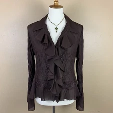 Vintage SLB Petite Large Brown Sheer Ruffle Lace Top Y2K Fairy Grunge Romantic