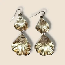 Gold Tone Sea Shell Long Dangle Earrings
