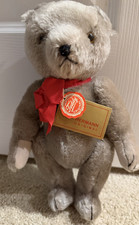 Signed Hermann Teddy Bear Gray Mohair Red Tie Black Stitched Nose Jointed Gebr.