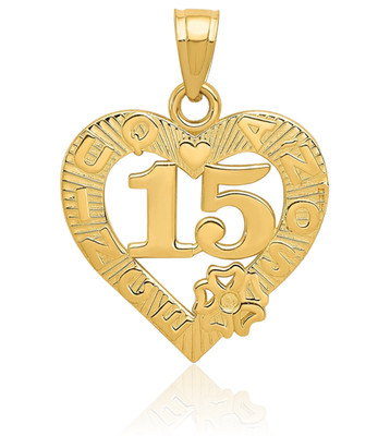 14K massives Gelbgold Medium Quinceañera Herz Anhänger Halskette 22mm 7/8 Zoll