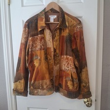 Vtg Coldwater Creek Patchwork Tapestry Jacket XL Orange Brown Boho Art To Wear