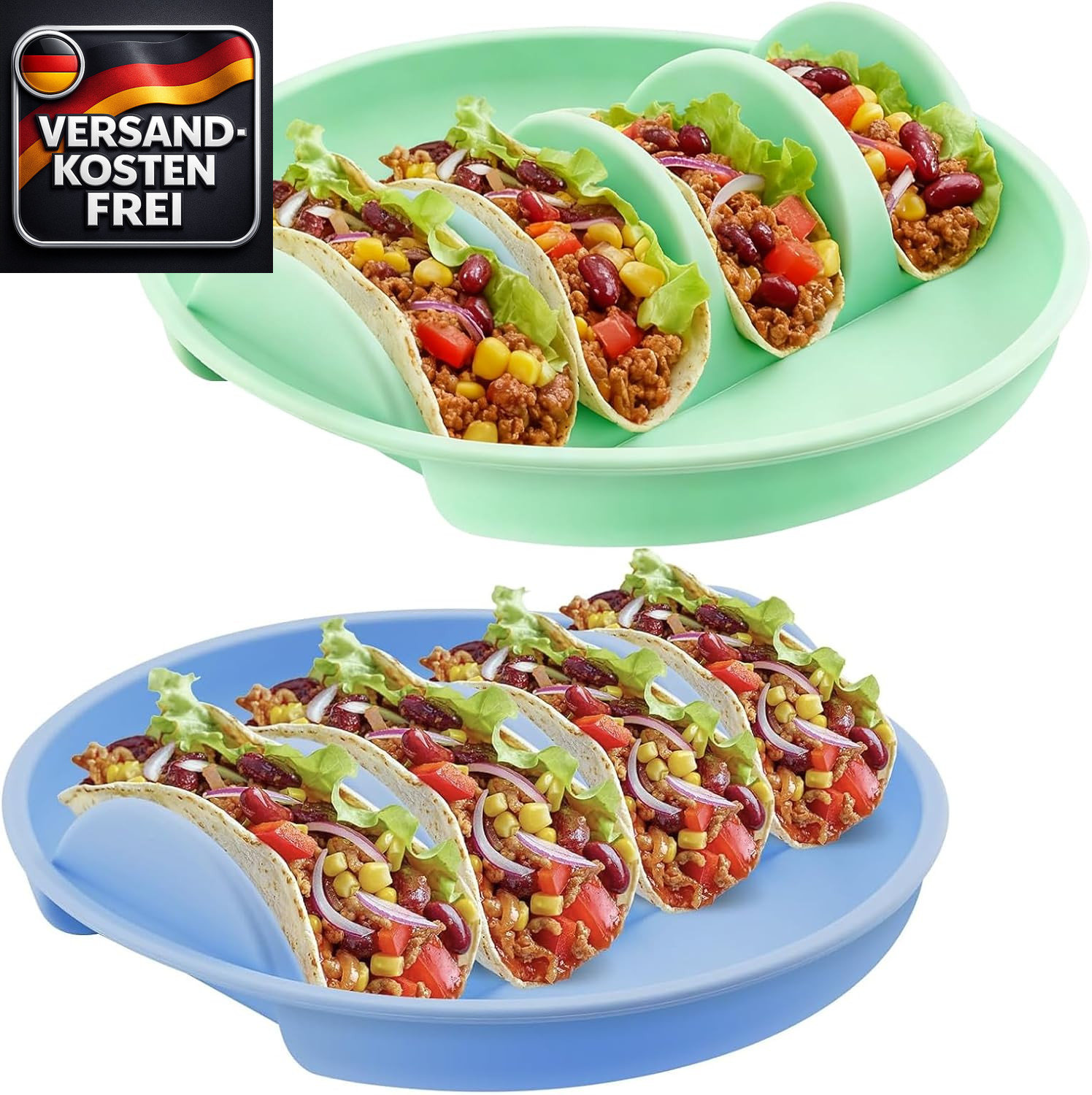 Silikon Taco Halter Set mit Griffen für Tacos Burritos Sandwiches stapelbar