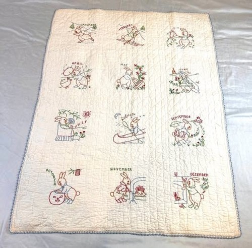 Vintage Hand Quilted + Embroidered Bunny Month Baby Quilt