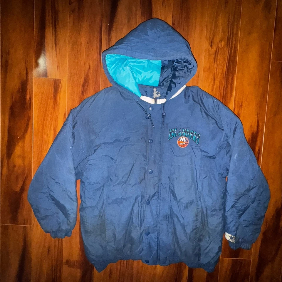 Vintage Starter NY Islanders Jacket Hooded Puffer Parka 90s NHL Large RARE - Image 3 of 4