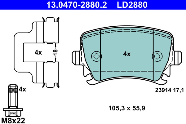 ATE 13.0470-2880.2 Bremsbelagsatz, Scheibenbremse FüR , Audi,Seat,Skoda,Vw-image