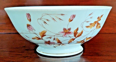 Antique AUSTRIAN 6.5'' dia. PORCELAIN BOWL Pink &Brown Floral Pattern w/Gold Gilt