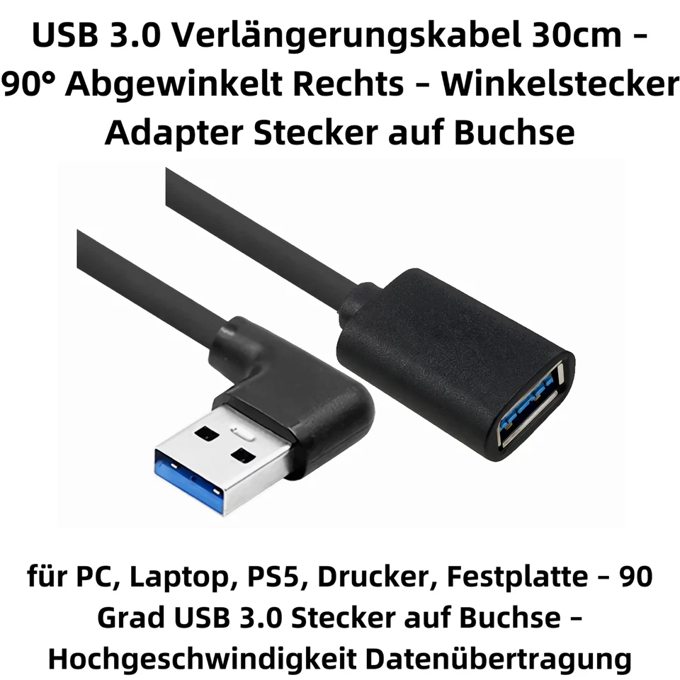 D86 USB 3.0 Extension Cable 30cm 90° Angled on the Right Adapter for PC Laptop - Image 2 of 4