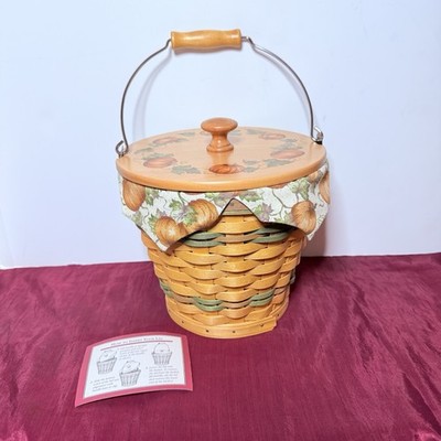Vintage 2002 Longaberger Sage Autumn Pail Basket with Pumpkin Patch Lid & Liner