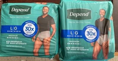Depend FIT-FLEX Underwear x2 ~ 34 Total ~ for Men Large- (35- 43'' waist) ~ NEW