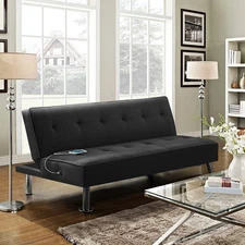Alden Design 66" Modern Fabric Convertible Futon Sofa Bed with USB, Black