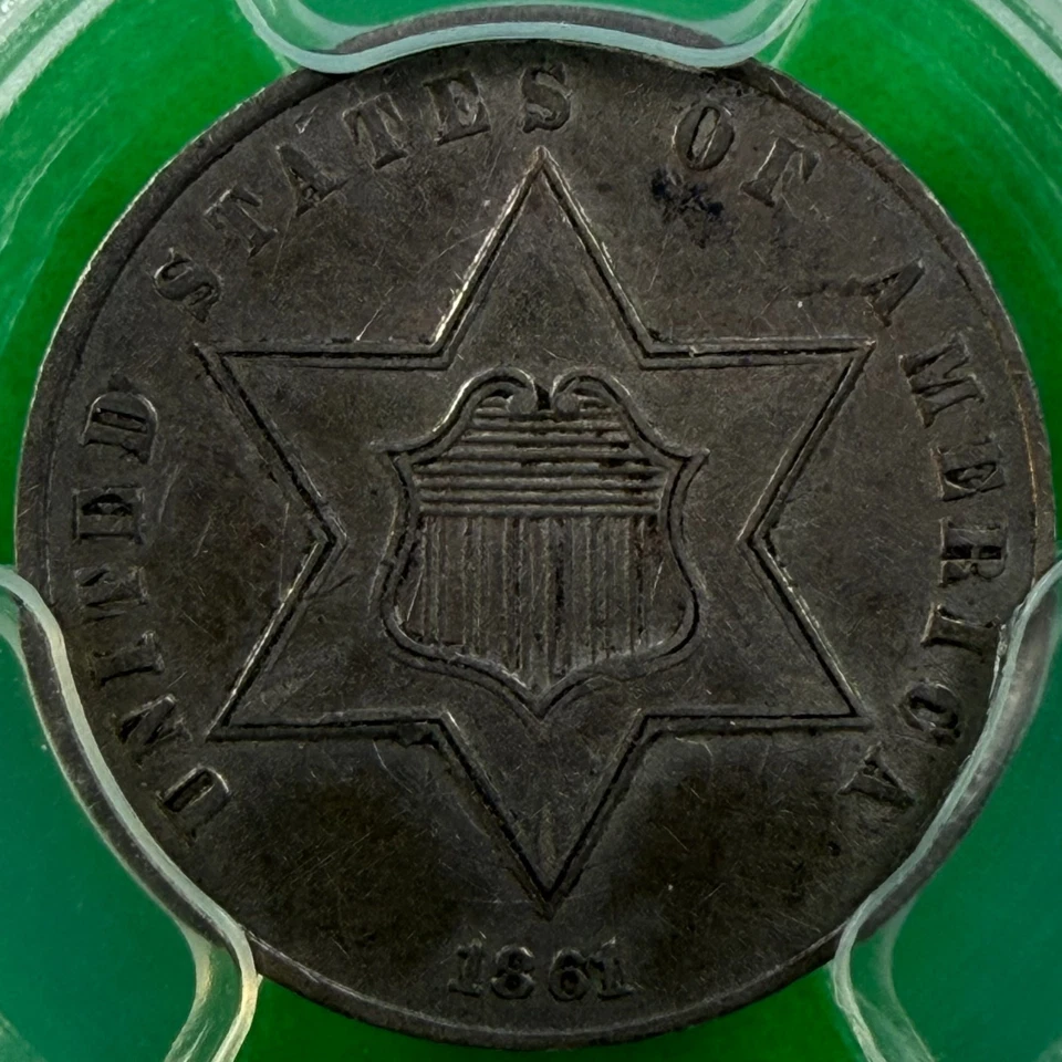 1861 Three Cent Silver, Type 3: Large Star Two Lines - PCGS Graded AU55 - Image 3 of 4