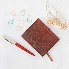 Mini Embossed Brown Leather Notebook Journal Diary, Handmade, Plain Paper