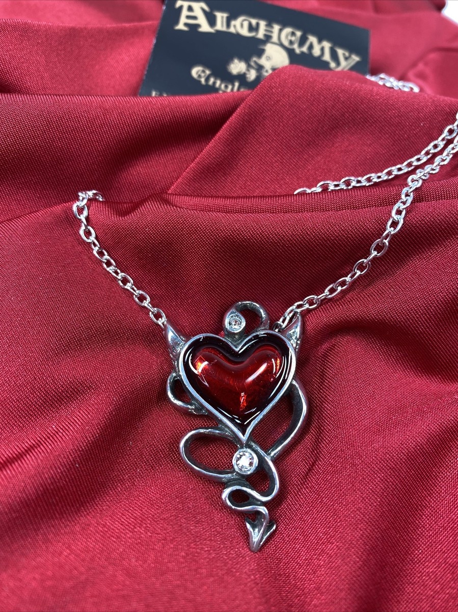 Alchemy Gothic ULFP20 Devil Heart Necklace Pendant Crystal Red