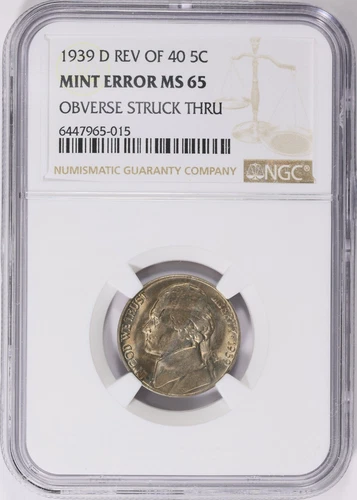 MINT ERROR STRUCK THRU  1939-D Reverse 1940 JEFFERSON NICKEL NGC MS65
