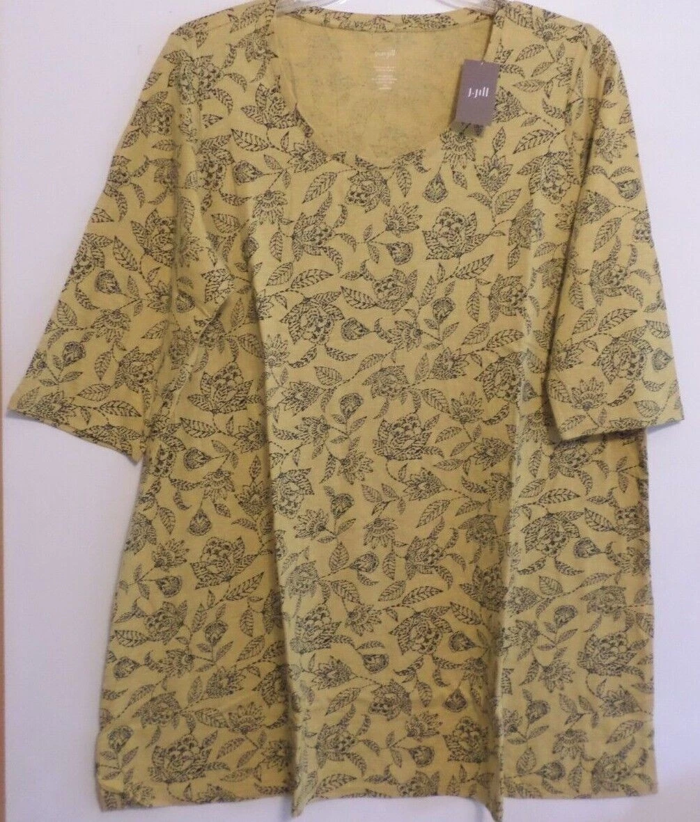 NWT PURE JILL (J JILL) BALLET SLEEVE TEE/TUNIC-2X-CHAMOMILE YELLOW/BLK-PRETTY!