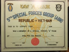 5th Special Forces Group Airborne Vietnam “A” Team Certificate Fill In Own Info