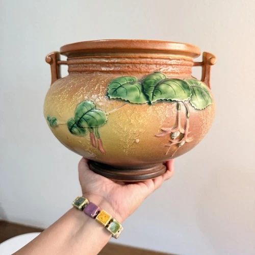 Vintage 1938 Roseville Pottery 645-6 Brown Fuchsia Jardiniere Vase