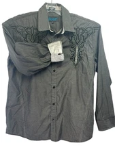Roar Signature Mens XL Grey Flip Cuff Embroidered Grunge Rock Shirt (V22) EUC