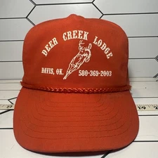 Nissun Deer Creek Lodge Davis Oklahoma 5 Panel Rope Orange Deer Hat Cap Vintage