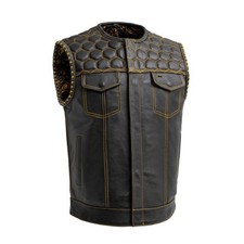Men Black Leather Motorcycle Vest Gold Paisley Inner/Stitch Bike Rider Waistcoat
