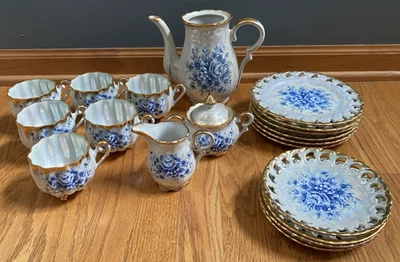 Vintage Kudo Porzellan Glanz Ware Gold Blau Rose 20 Teile Service Kaffeekanne Tasse Teller - Bild 1 von 4